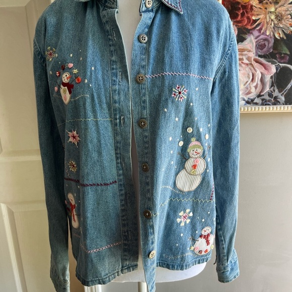 SOLD Christopher & Banks Embroidered Denim Shirt with Snowman Design Hol - Picture 1 of 12